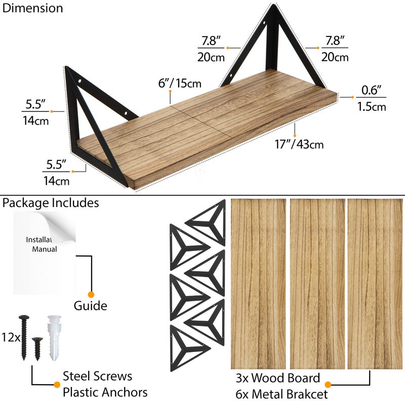 Wallniture Minori Floating Shelves Set of 3, Small Bookshelf Unit for Living Room, Office, and Bedroom, Natural Burned Rustic Wood Wall Decor with Metal Floating Shelf Bracket 6D x 17W x 5.5H in - Image 2